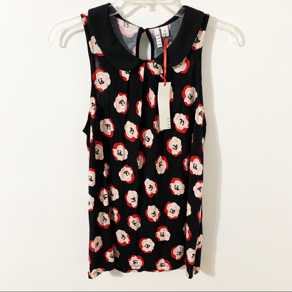 NWT Elle Sleeveless Rose Print Blouse Peter Pan Collar Keyhole Closure 🖤🩷❤️🤍